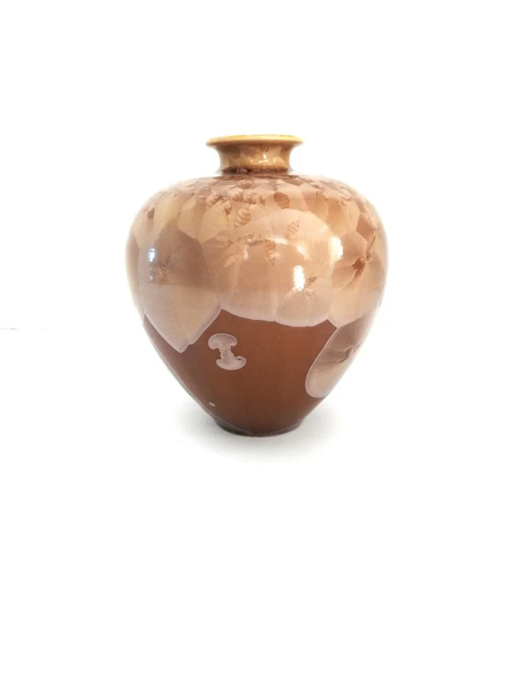 Vintage 90s Studio Crystalline Glaze Tan Brown Bud Vase 5”x6.5” Unsigned